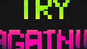 TRY AGAIN Screen 8-Bit Retro Video Game Style Text, Old Arcade Games Animation, Green And Pink Colors Background - 4K Resolution Ultra HD 
