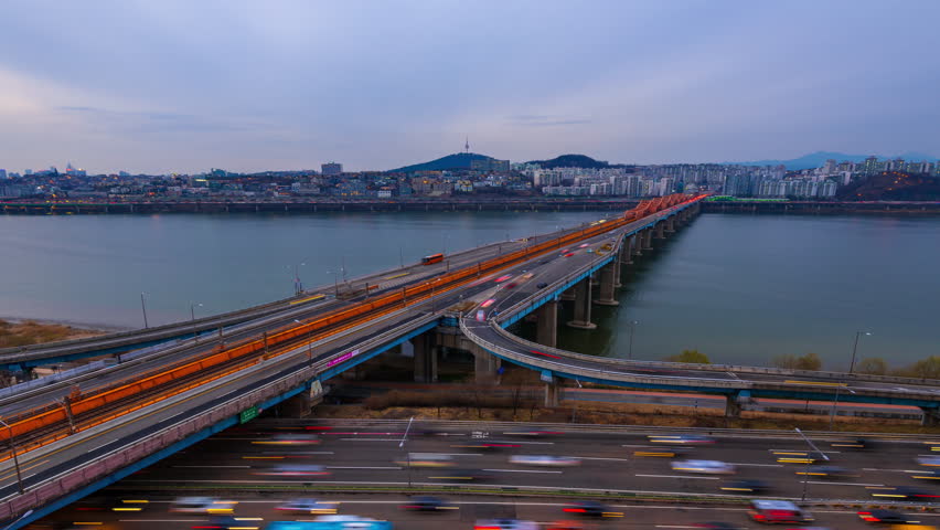 Time lapse at night Seoul Subway and Seoul City Skyline at Han river Seoul, South korea.