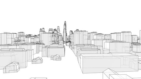 City Walk blueprint style. The layers of visible and invisible lines are separated. 3d illustration video
