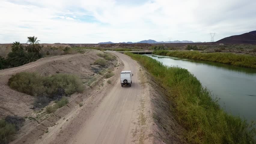 Drone flying over Exploring vehicle near the all American Canal.