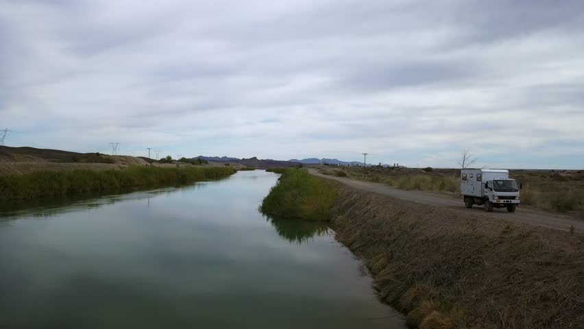 Aerial view, RV vehicle departing near the all American Canal.