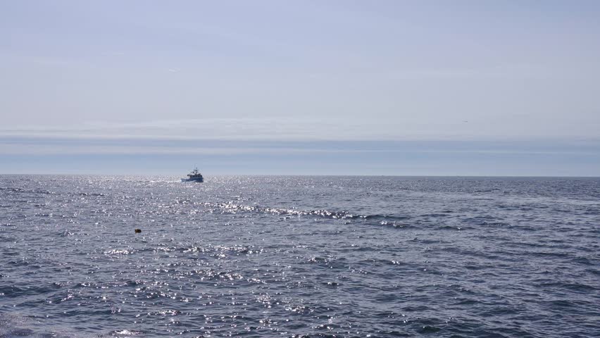 A Nova Scotia, lobster fishing boat arrives back to home port wharf on a beautiful evening after a long day of hauling lobster pots traps on the cold North Atlantic ocean.  Cape Sable Island