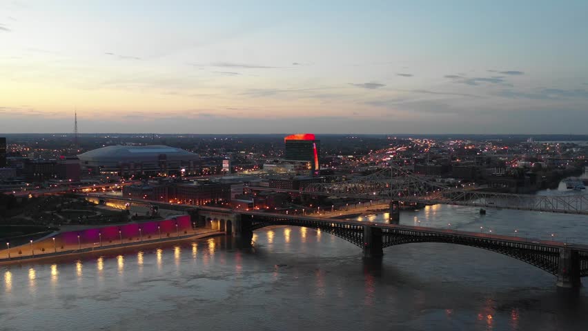 Downtown St. Louis Bridge Late Sunset Aerial Shot 4K