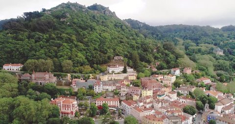 Aerial view of Sintra near Lisbon, with the National Palace and the Moorish fortress up on the mountain. Portugal