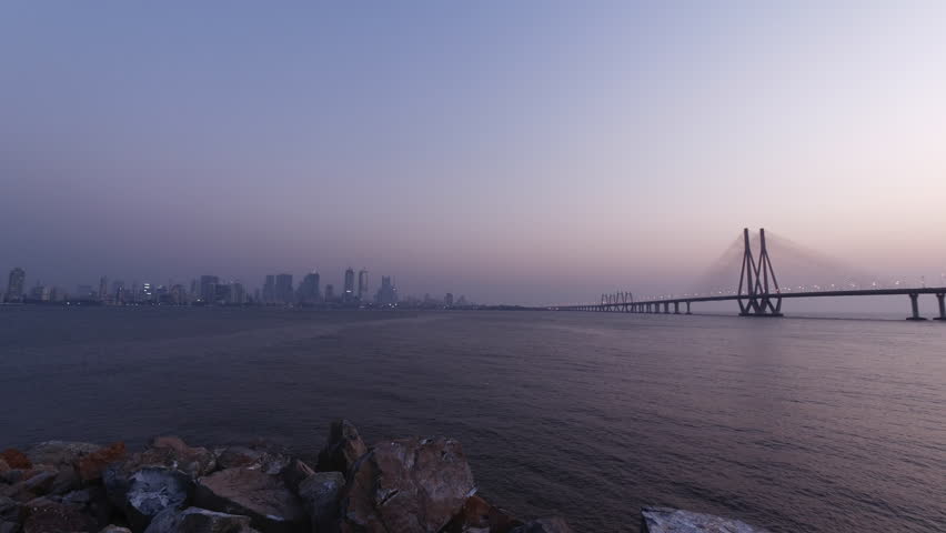 Bandra Worli sea link  lit with red light also known as Rajiv Gandhi Sea link, shot on World Tuberculosis day Mumbai, India.