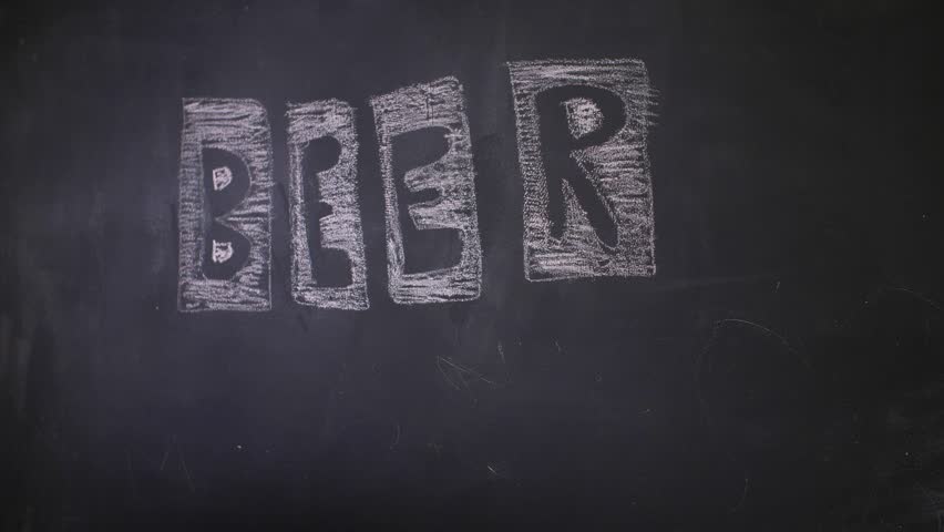 Pointer drawn in chalk on black wall. The inscription at the entrance to the bar "beer". Hand draws an arrow in the direction of the bar or beer shop.
