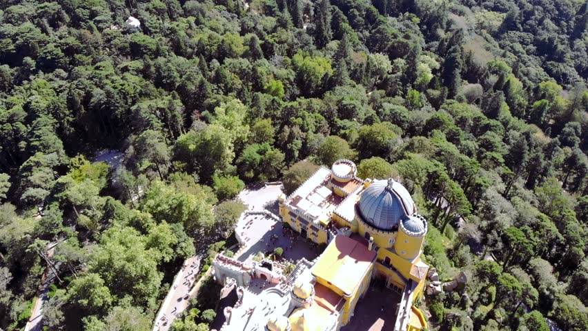 A Palace, a Romanticist castle in the municipality of Sintra, Portugal, Lisbon district, Grande Lisboa, aerial view, shot from drone.