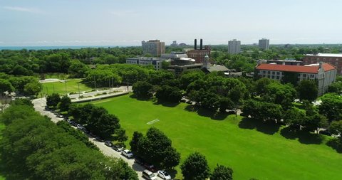 Chicago, Illinois/USA - August 15, 2018: Scenic aerial view of The University of Chicago’s campus and the Midway Plaisance. 