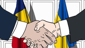 Businessmen or politicians shake hands against flags of Romania and Ukraine. Official meeting or cooperation related cartoon animation - Powered by Shutterstock - Get 15% off with code: PIKWIZARD15