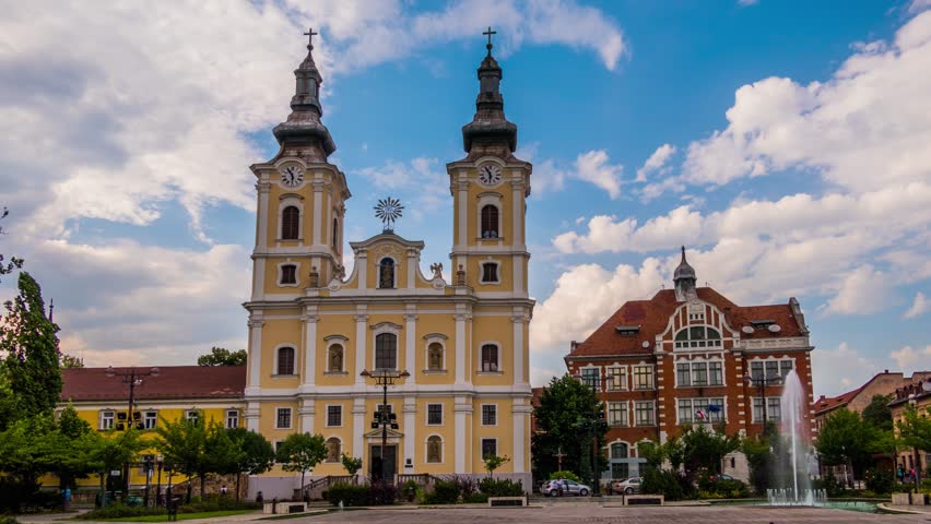 Timelapse Minorite Catholic church in center of Miskolc, Hungary.