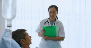 Close up scene video of female doctor asking Asian male patient about his illness in hospital.
