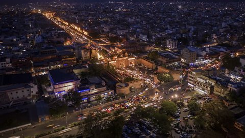 Pink city gate in Jaipur, India, 4k night traffic hyper lapse aerial skyline