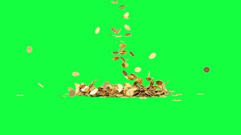 4K Slow Motion Animation of Falling Golden Coins on Green Screen or Chroma Key background