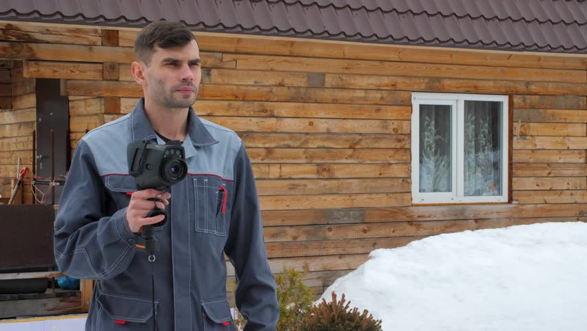 Portrait of the worker of the house which is carrying out an inspection by the thermal imager. To look for losses of heat. Fight against heatlosses. Energy saving.