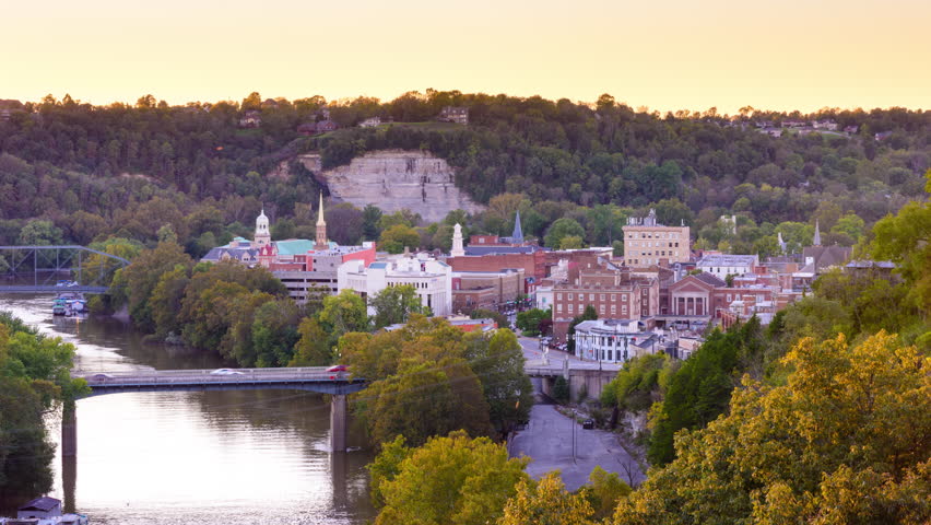 Frankfort, Kentucky, USA town skyline on the Kentucky River at dusk. 
