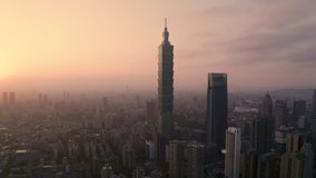 4k Aerial drone footage - Skyline of the city of Taipei, Taiwan at sunset.	
