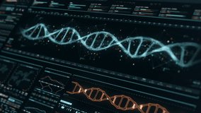 Detailed digital interface of futuristic DNA analysis process. Human DNA sequence monitor. High quality medical HUD. Perspective view of futuristic medical glass screen with out of focus effect. - Powered by Shutterstock - Get 15% off with code: PIKWIZARD15