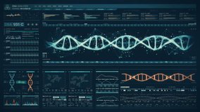 Detailed digital interface of futuristic DNA analysis process. Human DNA sequence monitor. High quality medical HUD. Front view of bright futuristic medical screen in hospital. - Powered by Shutterstock - Get 15% off with code: PIKWIZARD15