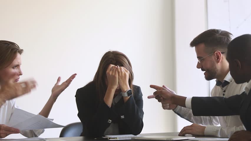Angry colleagues clients arguing shouting at stressed sad female employee at meeting, customers coworkers scolding upset business woman for bad work bullying humiliating, harassment at workplace | Shutterstock HD Video #1028009549