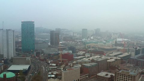 BIRMINGHAM, UK - 2019: Gloomy weather aerial view of Birmingham UK