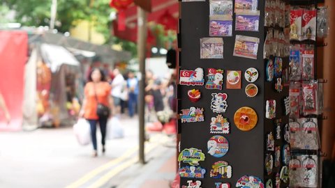 Singapore / Singapore - April 20, 2019: Souvenir refrigerator magnets on sale in Chinatown, Singapore
