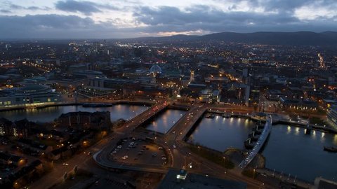 Belfast city centre aerial flyover. River Lagan