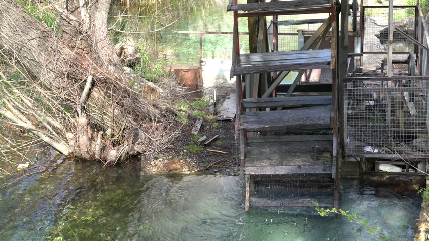 Old Water mill wheel on flowing stream  in the Green Forest. Sustainable energy and water power traditional machinery.