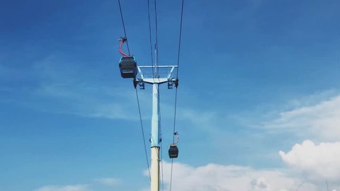 Two Track Sky Tram or Cable Car Pass Parallel Through Each Other. Two Aerial Tramway or Gondola Passing Each Other With Blue Sky in Background.