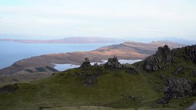 Famous exposed rocks Old Man of Storr, north hill in the Isle of Skye island of Highlands in Scotland. 4K VIDEO 