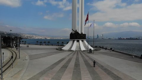 Karsiyaka, Izmir / TURKEY - April 04 2019 : Aerial view of Ataturk, Annesi ve Kadin Haklari monument, also it is known as Karsiyaka monument