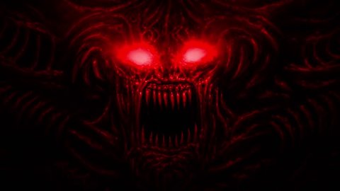 Screaming devil with horns and sparkling eyes. 2D animation in horror fantasy genre. Red and black background color. Creepy Halloween backdrop. Scary animated short film. Gloomy ghost in haze video.