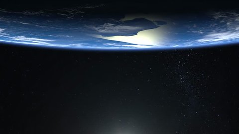 Earth. View from space. Stars twinkle. The planet on the screen is at the top. 4K. The earth slowly rotates. Realistic atmosphere. 3D Volumetric clouds.