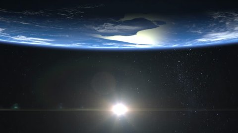 Earth. View from space. Stars twinkle. The planet on the screen is at the top. 4K. The earth slowly rotates. Realistic atmosphere. 3D Volumetric clouds. The sun is in the frame.
