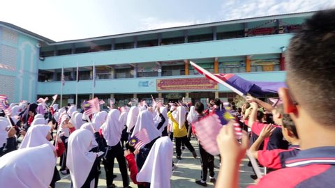 Johor Bahru, Malaysia - April 19 2019 : Johor Bahru Flag and local identity during National Day Celebration Hari Kebangsaan by school student