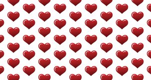 Shiny red hearts background video clip motion backdrop video in a seamless repeating loop.  Gradient red heart icon pattern love family & romance themed white background high definition motion clip
