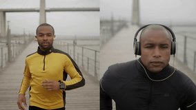 Collage of muscular Afro-american young men in black and yellow sportswear training separately on quay, jogging. Sport, health concept