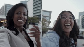 Collage of two good looking young colleagues smiling, having video chat with each other on phone, holding takeaway coffee in hand. Communication, lifestyle concept