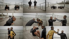 Collage of muscular Afro-american young men in black and yellow sportswear training together on quay, jogging, boxing, doing press, pushups and plank exercises. Sport, health concept