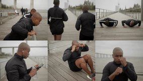 Collage of muscular Afro-american young men in black sportswear training together on quay, jogging, boxing, doing press and pushups exercises, drinking water. Sport, health concept