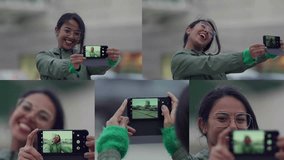Collage of medium and close up shots of happy mixed-race young woman in spectacles on khaki bomber jacket making selfie on phone, posing. Travel, lifestyle concept