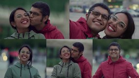 Collage of happy mixed-race young couple in khaki and rose bomber jackets kissing outside, hugging, smiling, looking at camera. Love concept