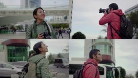 Collage of portraits of amazed young attractive couple walking in city, sightseeing, making photos separately, smiling. Travel, lifestyle concept