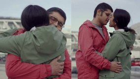 Collage of happy mixed-race young couple in khaki and rose bomber jackets kissing outside, hugging, smiling, enjoying each other. Love concept