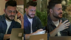 Collage of serious mixed-race handsome man with beard in white T-shirt and jeans shirt sitting at home, talking on phone, typing on gadgets, looking satisfied. Communication, work concept
