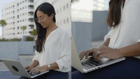 Collage of medium and close up shots of attractive young mixed-race girl in square spectacles sitting near office building, working, typing on laptop. Work, communication concept