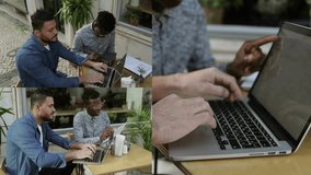 Collage of medium and close up shots of serious mixed-race handsome man with beard and concentrated Afro-american man sitting outside, working, discussing project, typing on laptop. Work concept