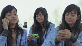 Collage of nice Indian girl talking on phone, paying online, holding bank card in hand, watching youtube, texting on phone. Lifestyle, online shopping concept