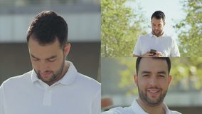 Collage of excited young Caucasian man in white T-shirt standing outside, having video chat on phone, smiling, waving hand. Communication, lifestyle concept