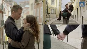 Collage of medium and close up shots of happy young couple walking in city, kissing, holding hands, man carrying woman in arms. Love, dating concept
