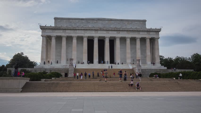 WASHINGTON, DC - NOVEMBER 2016: Panoramic hyperlapse shot of the Lincoln Memorial and crowds of tourists around in Washington, DC, USA